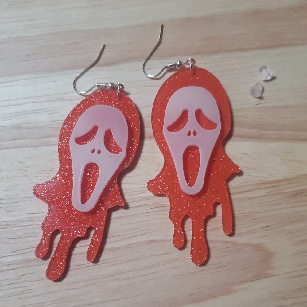 Halloween Orange Dripping Scream Ghost skull Earrings nwot